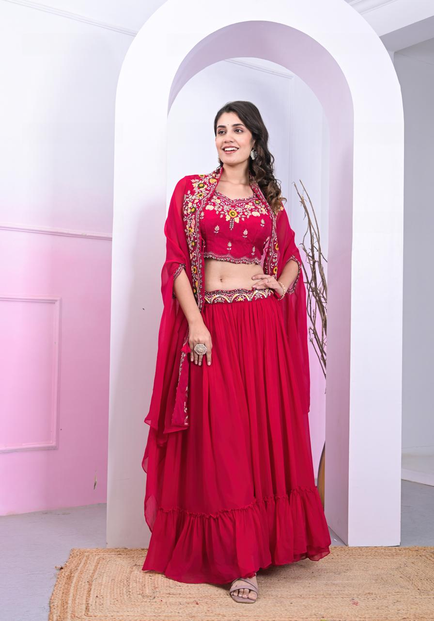 Red colroed 3-pcs lehenga