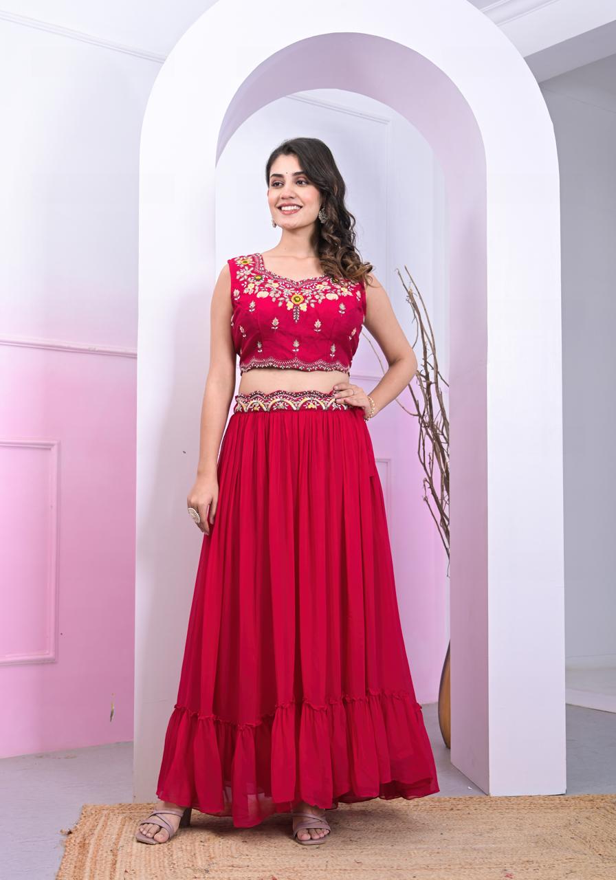 Red colroed 3-pcs lehenga