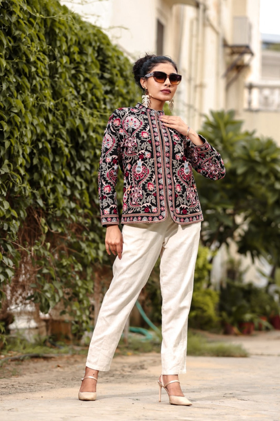 Black thread embroidered organic cotton jacket