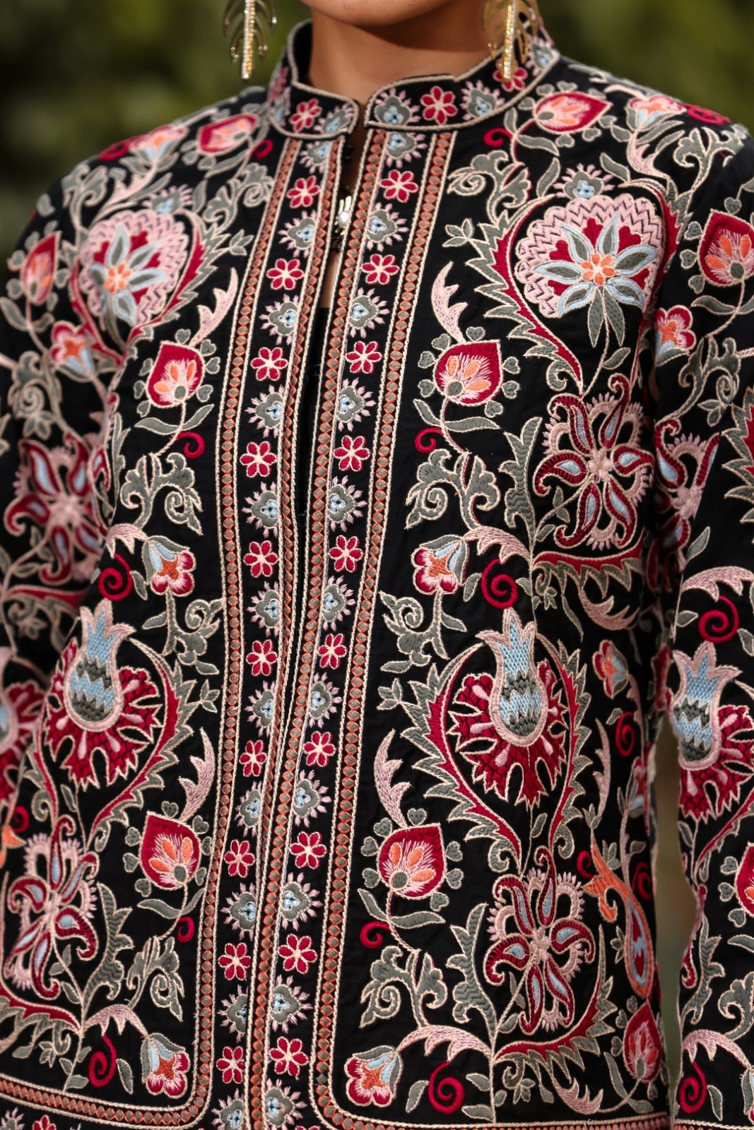 Black thread embroidered organic cotton jacket