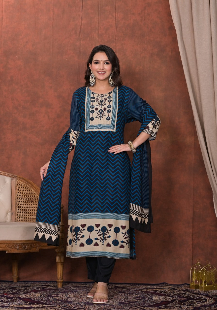 Blue colroed straight fit kurta with pant and dupatta