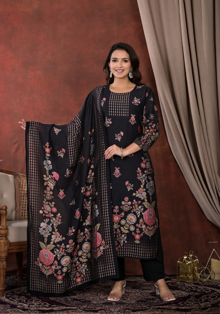 Ethnic Floral Printed & Hand Embroidered Straight Kurta with Pant & Dupatta