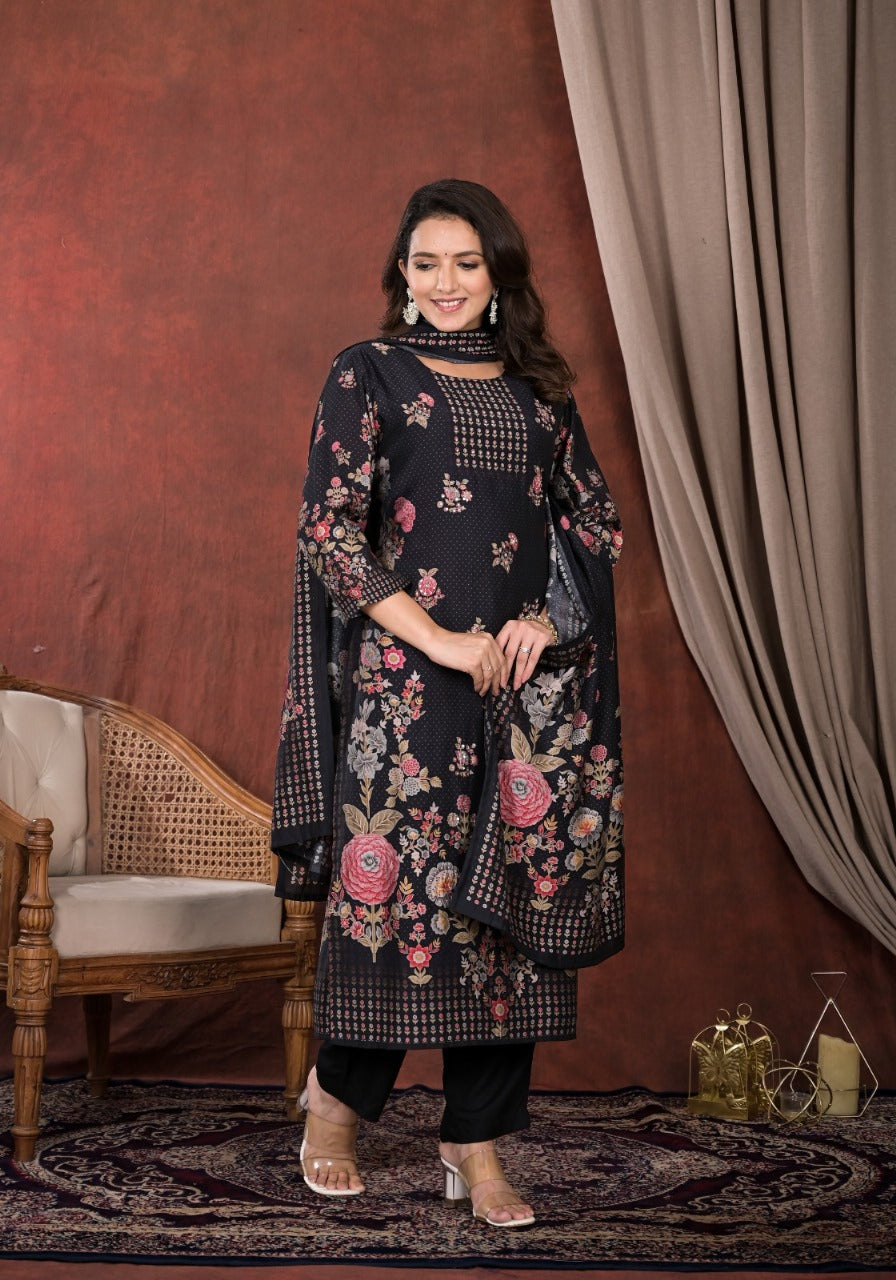 Ethnic Floral Printed & Hand Embroidered Straight Kurta with Pant & Dupatta