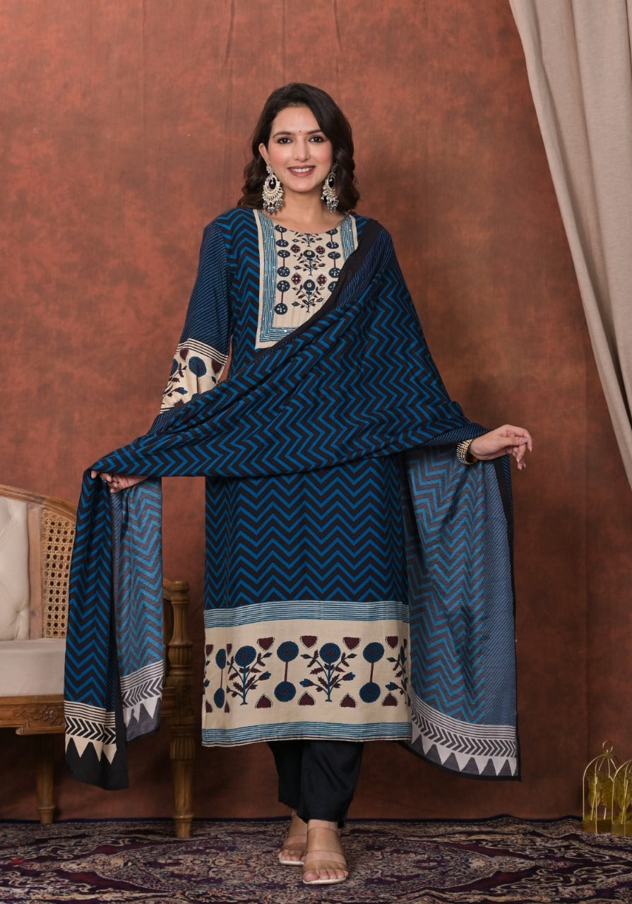 Blue colroed straight fit kurta with pant and dupatta