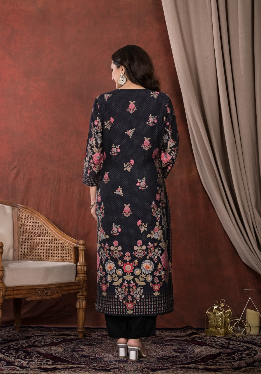 Ethnic Floral Printed & Hand Embroidered Straight Kurta with Pant & Dupatta