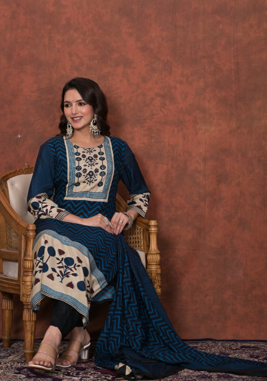 Blue colroed straight fit kurta with pant and dupatta