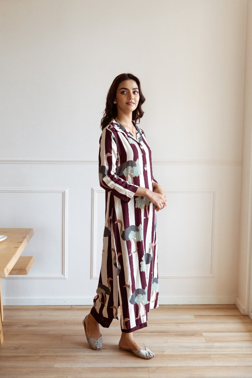 Maroon stripe kurta with pant set