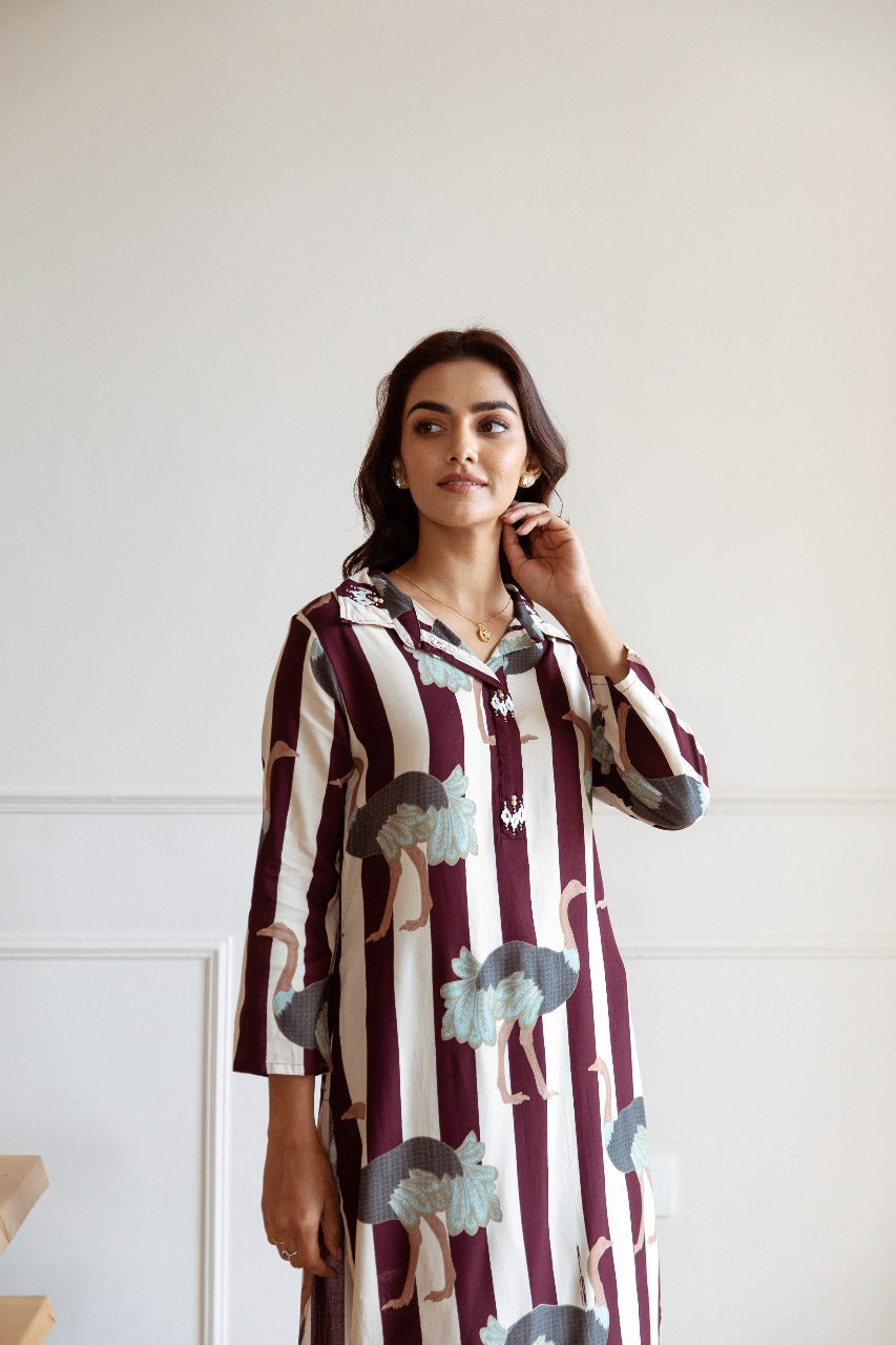 Maroon stripe kurta with pant set