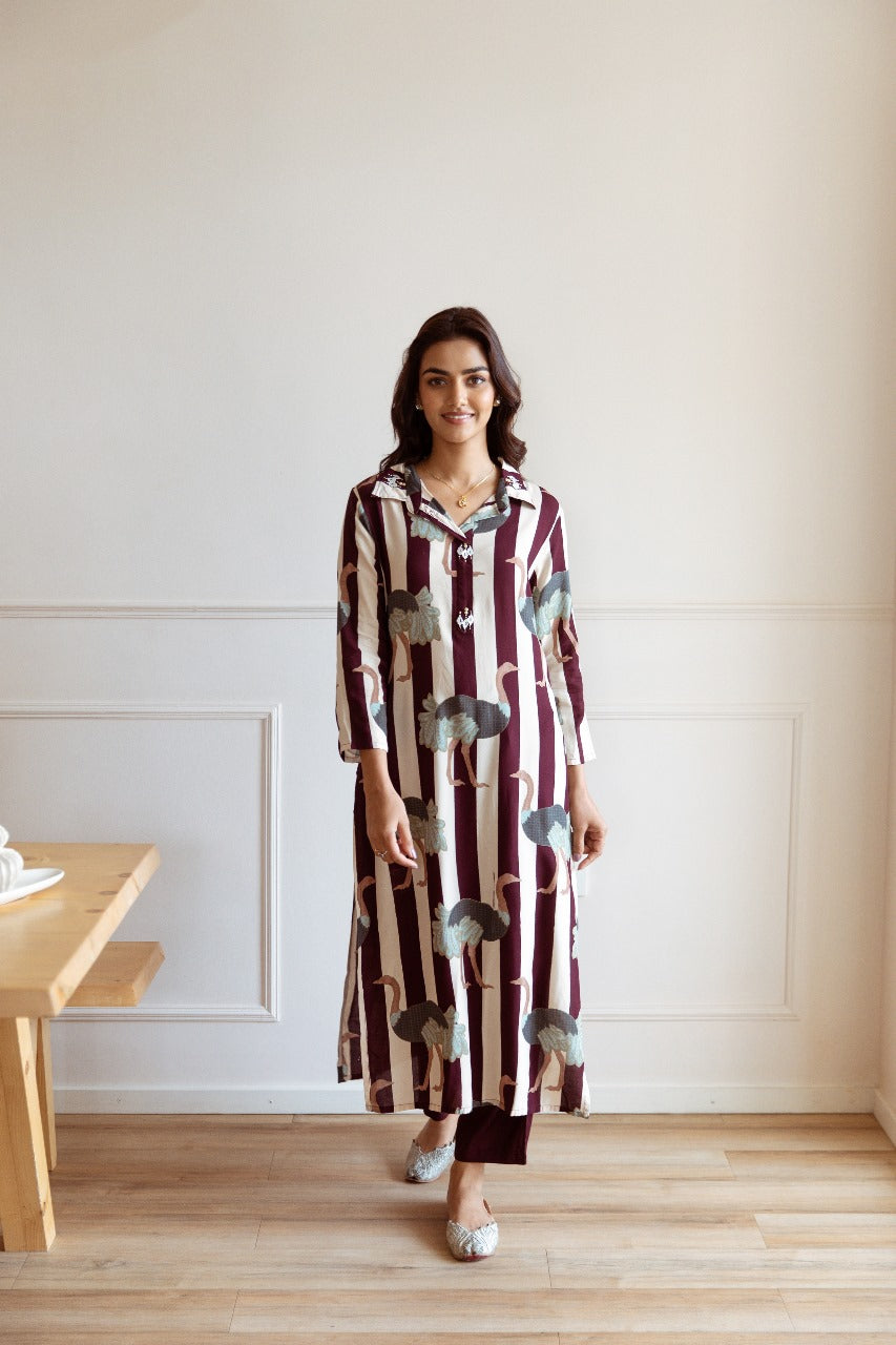 Maroon stripe kurta with pant set