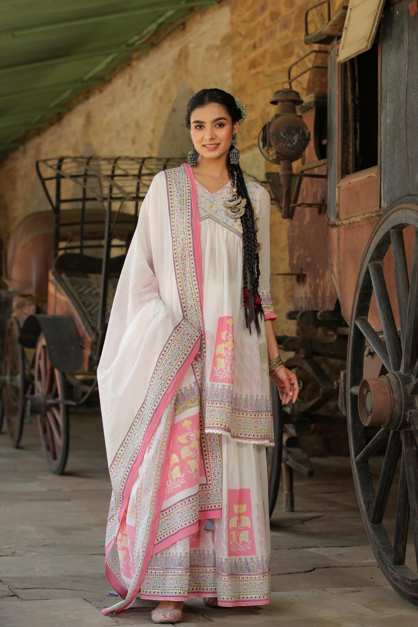 White Multi Coloured flower print kurta with sharara and dupatta