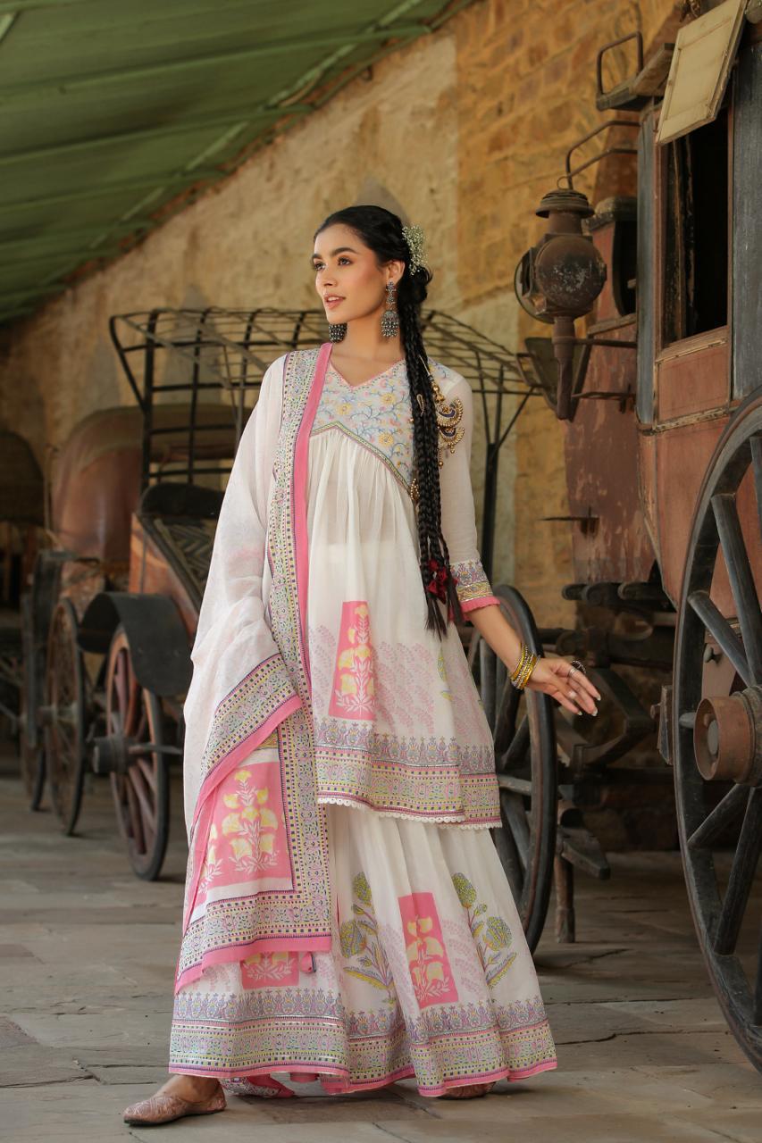 White Multi Coloured flower print kurta with sharara and dupatta