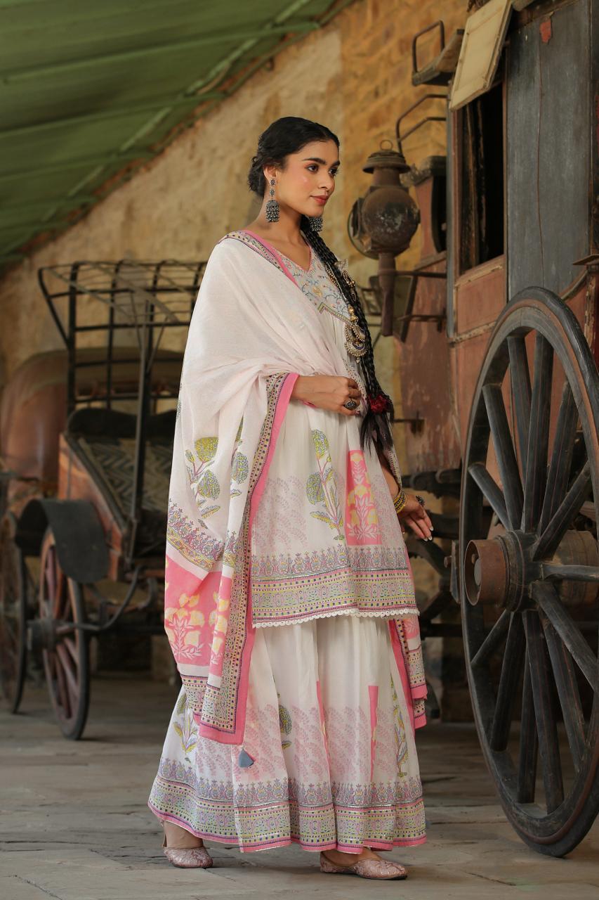 White Multi Coloured flower print kurta with sharara and dupatta