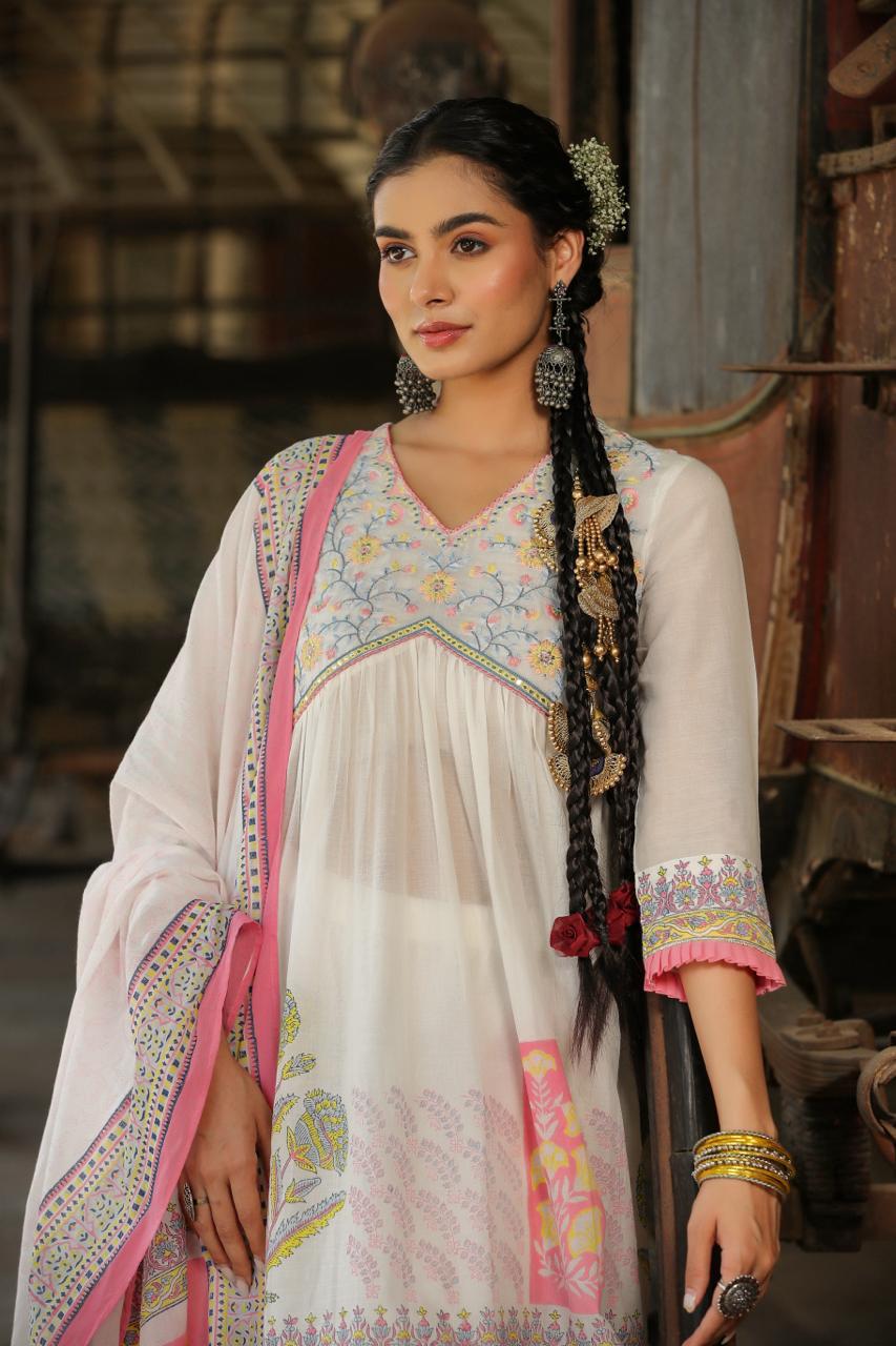 White Multi Coloured flower print kurta with sharara and dupatta