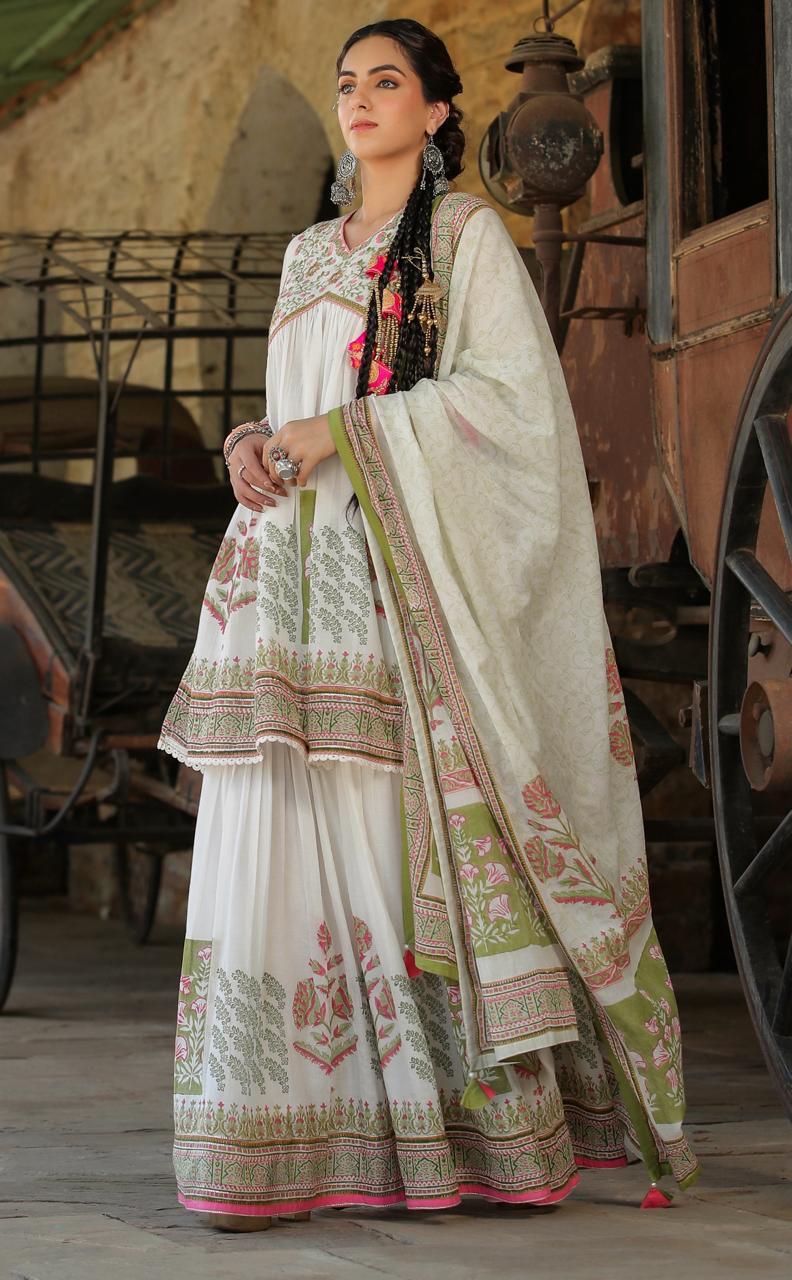 White Multi Coloured flower print kurta with sharara and dupatta