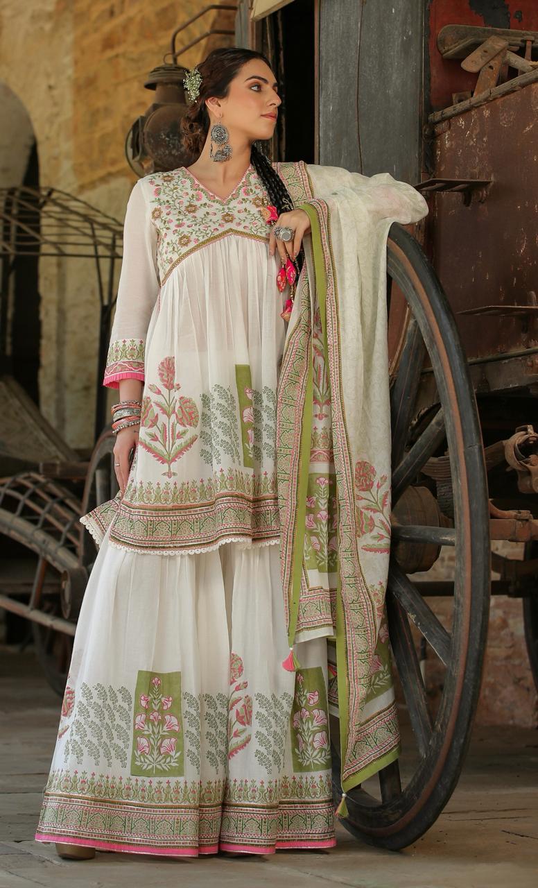 White Multi Coloured flower print kurta with sharara and dupatta