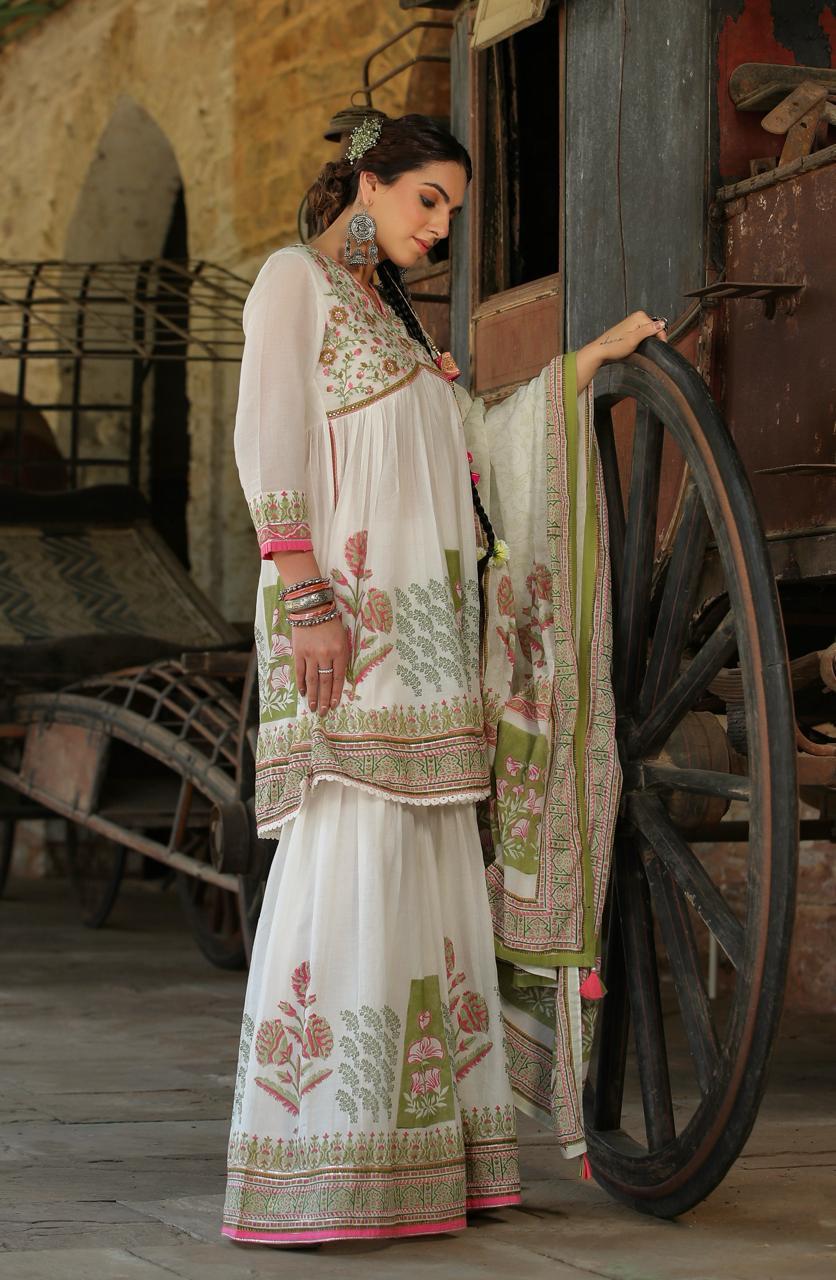 White Multi Coloured flower print kurta with sharara and dupatta