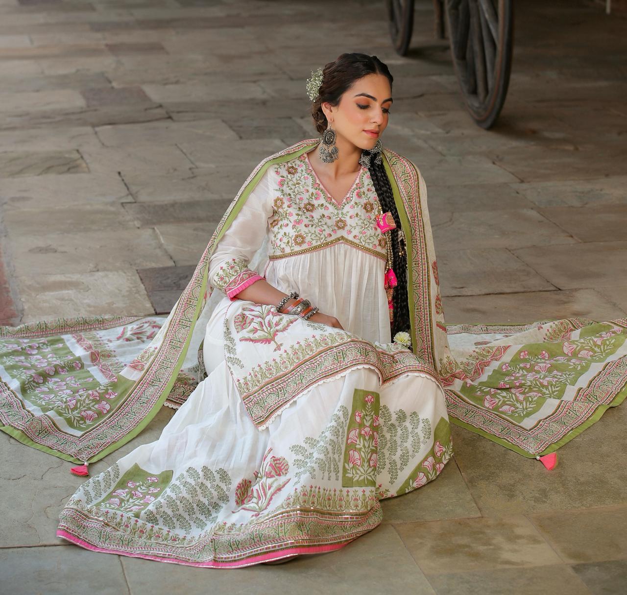 White Multi Coloured flower print kurta with sharara and dupatta