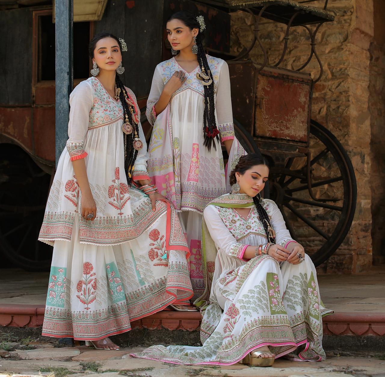 White Multi Coloured flower print kurta with sharara and dupatta