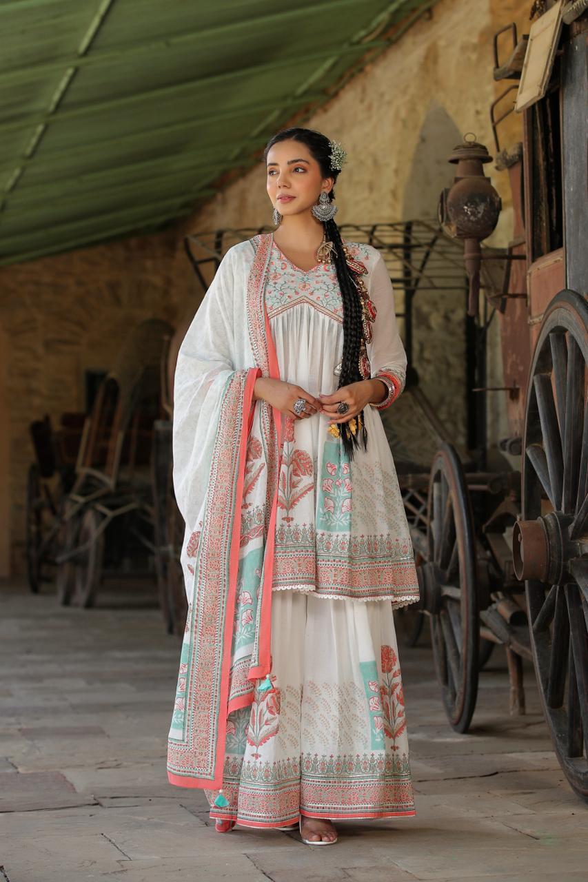 White Multi Coloured flower print kurta with sharara and dupatta