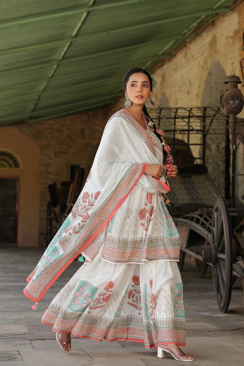 White Multi Coloured flower print kurta with sharara and dupatta