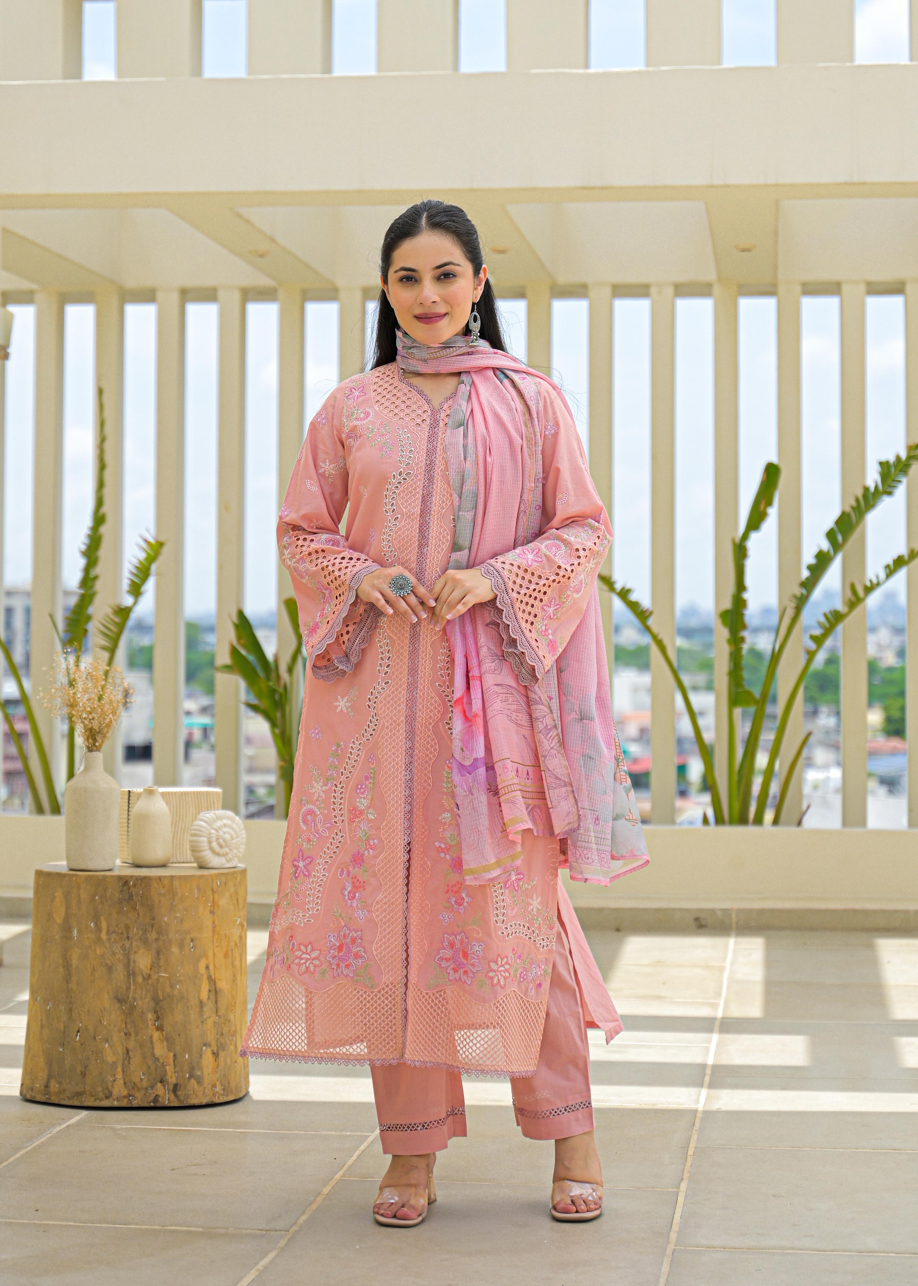 Soft Cotton Kurta set  with Floral Embroider