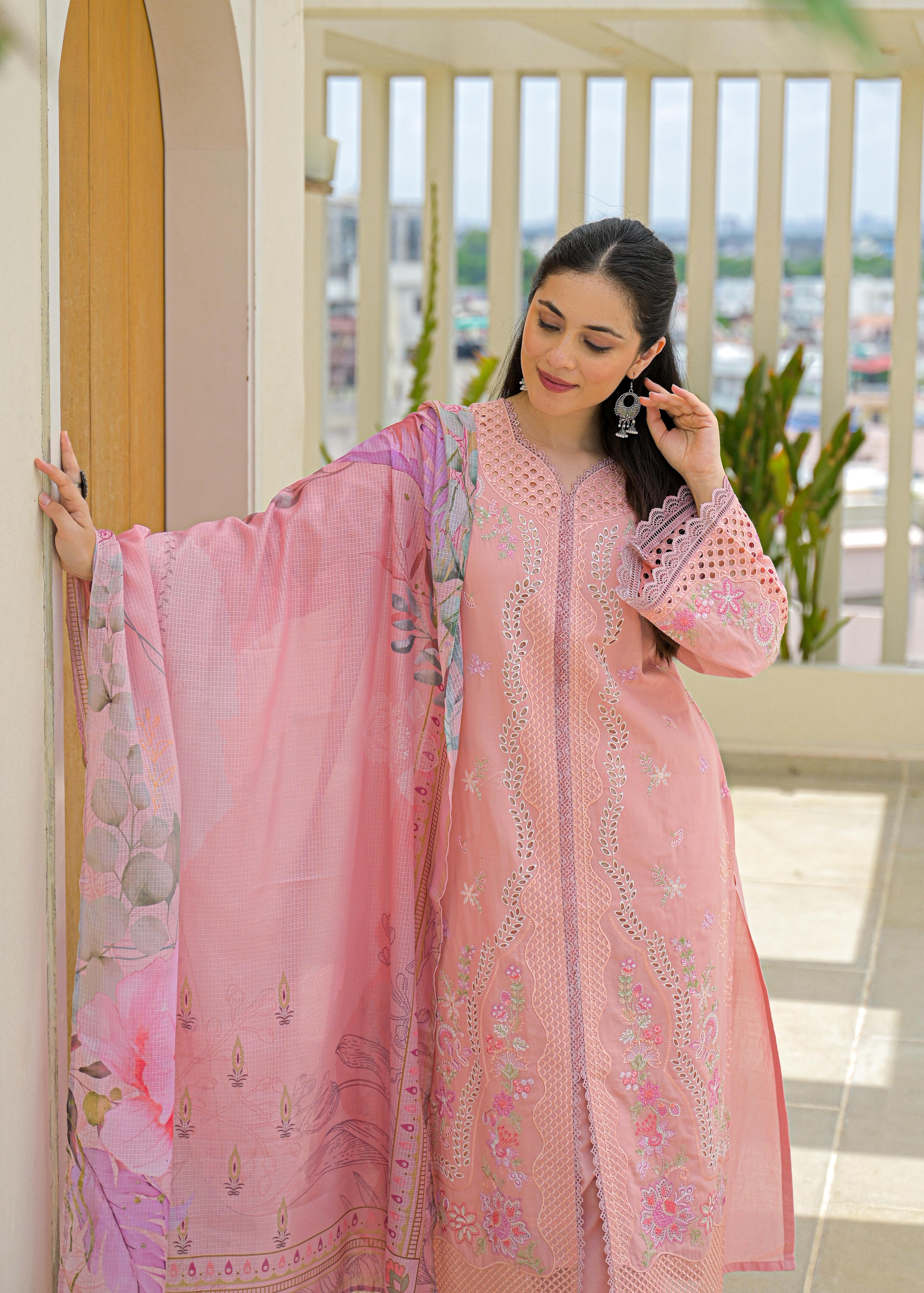 Soft Cotton Kurta set  with Floral Embroider