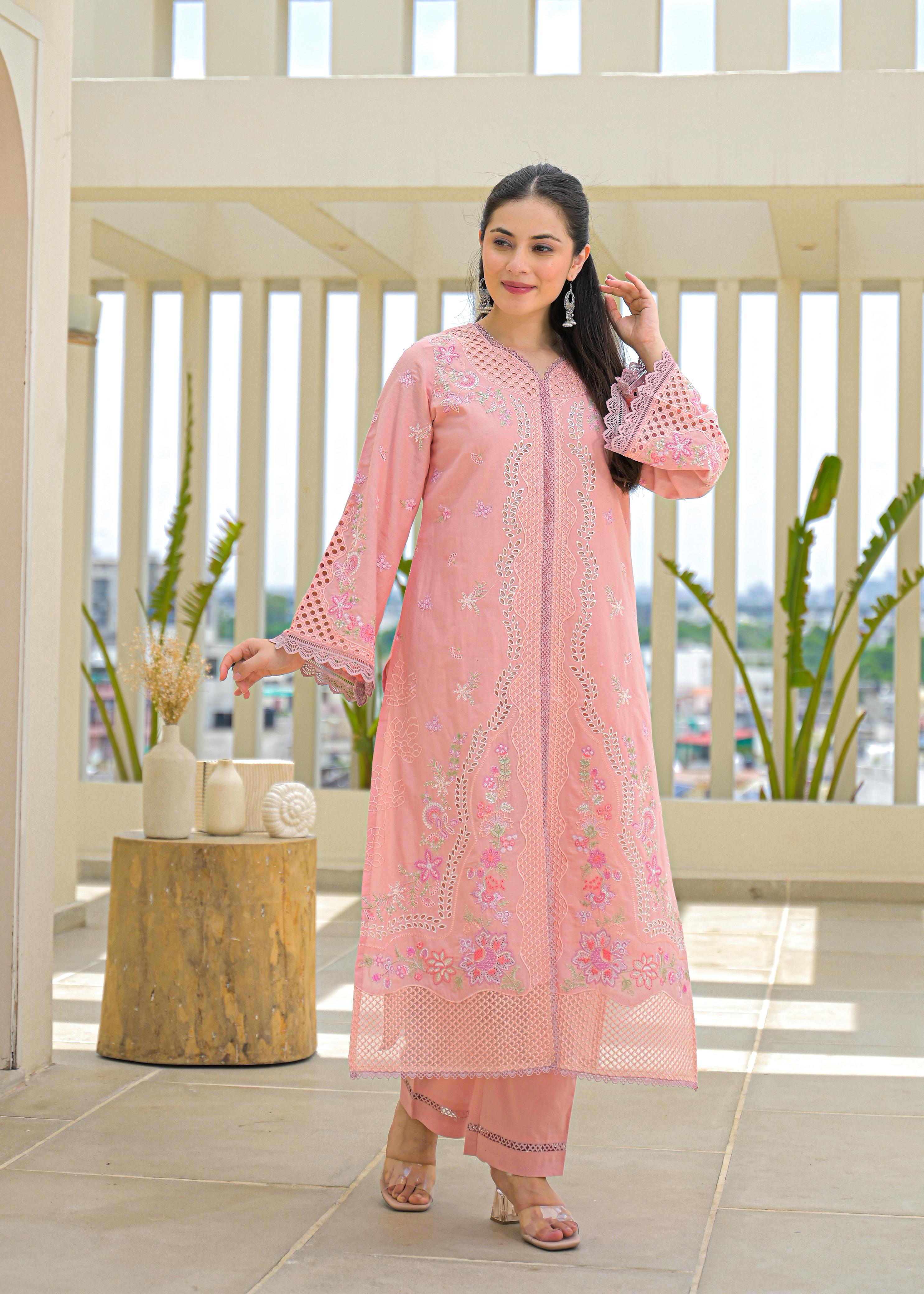 Soft Cotton Kurta set  with Floral Embroider