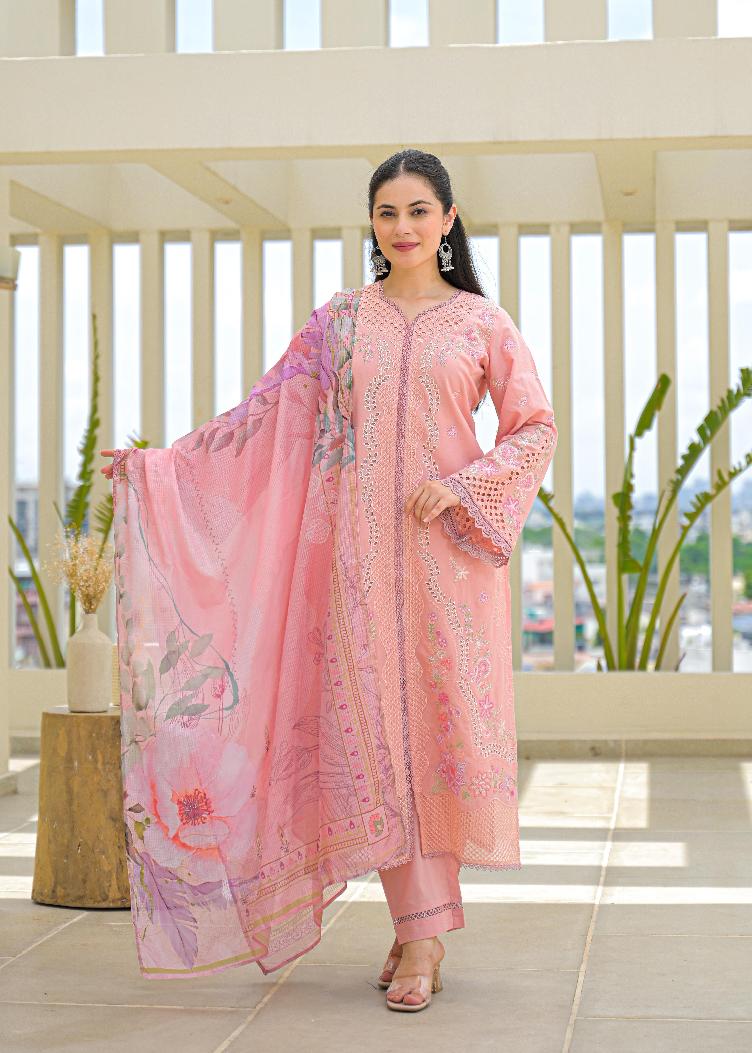 Soft Cotton Kurta set  with Floral Embroider