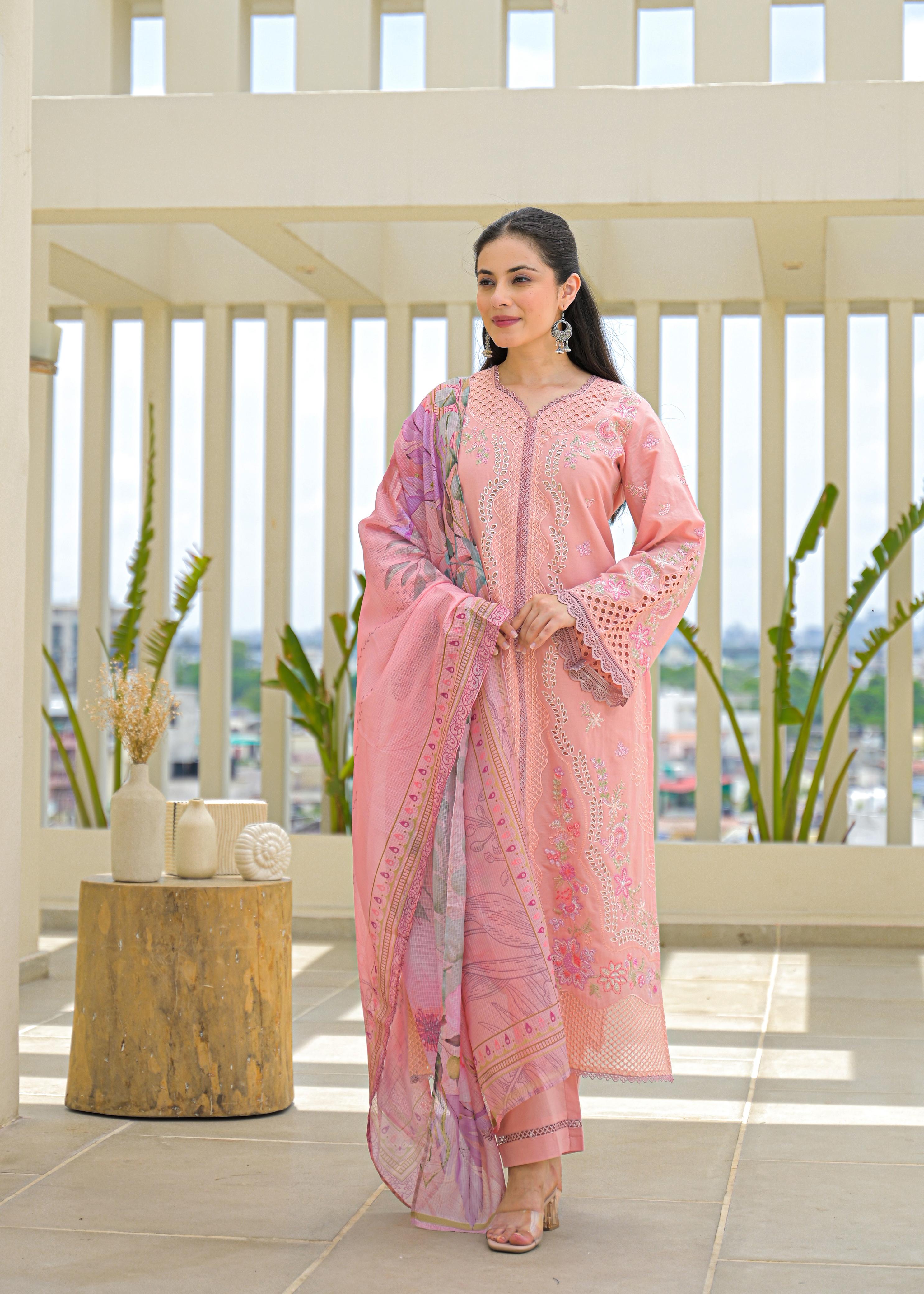 Soft Cotton Kurta set  with Floral Embroider