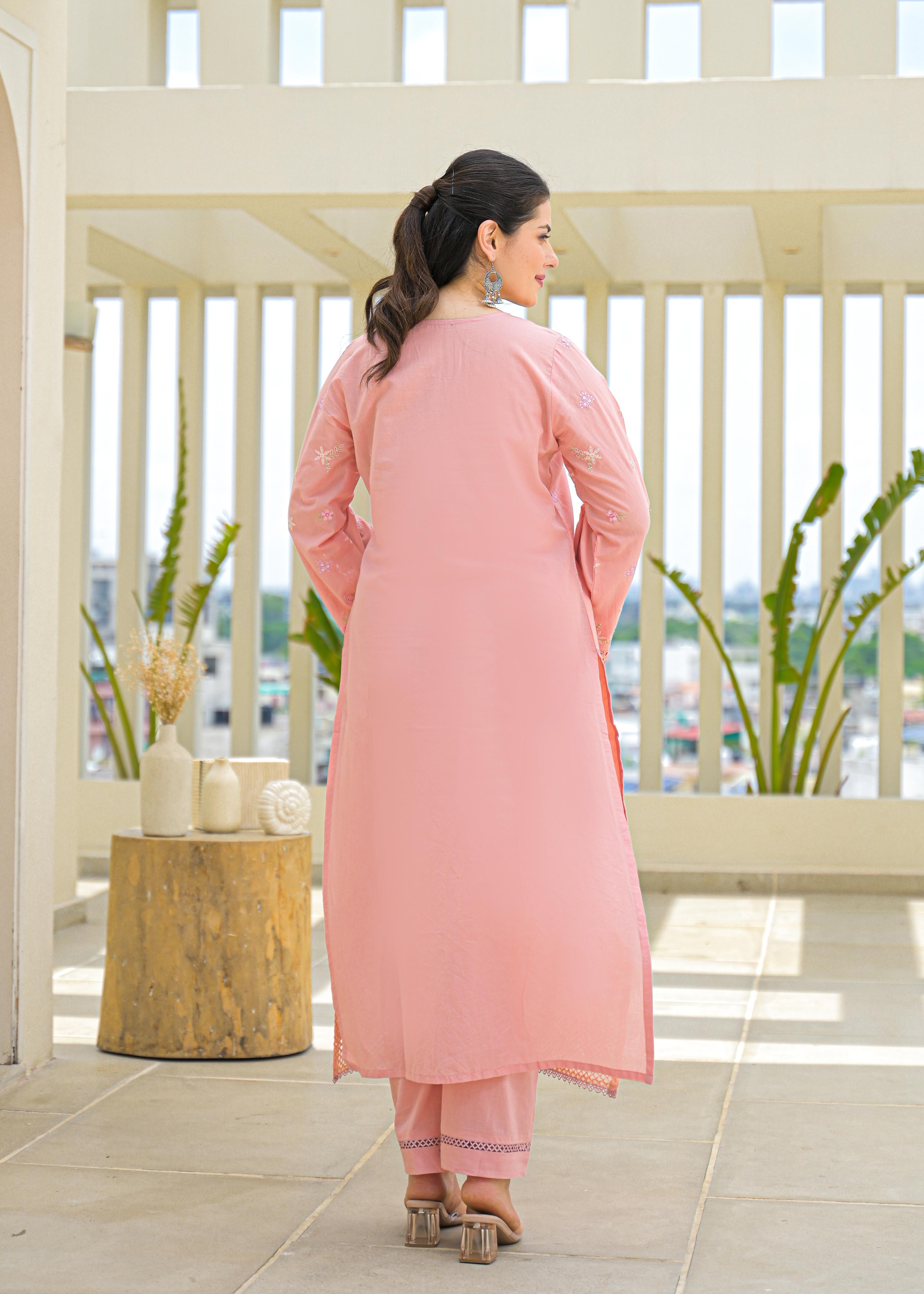 Soft Cotton Kurta set  with Floral Embroider