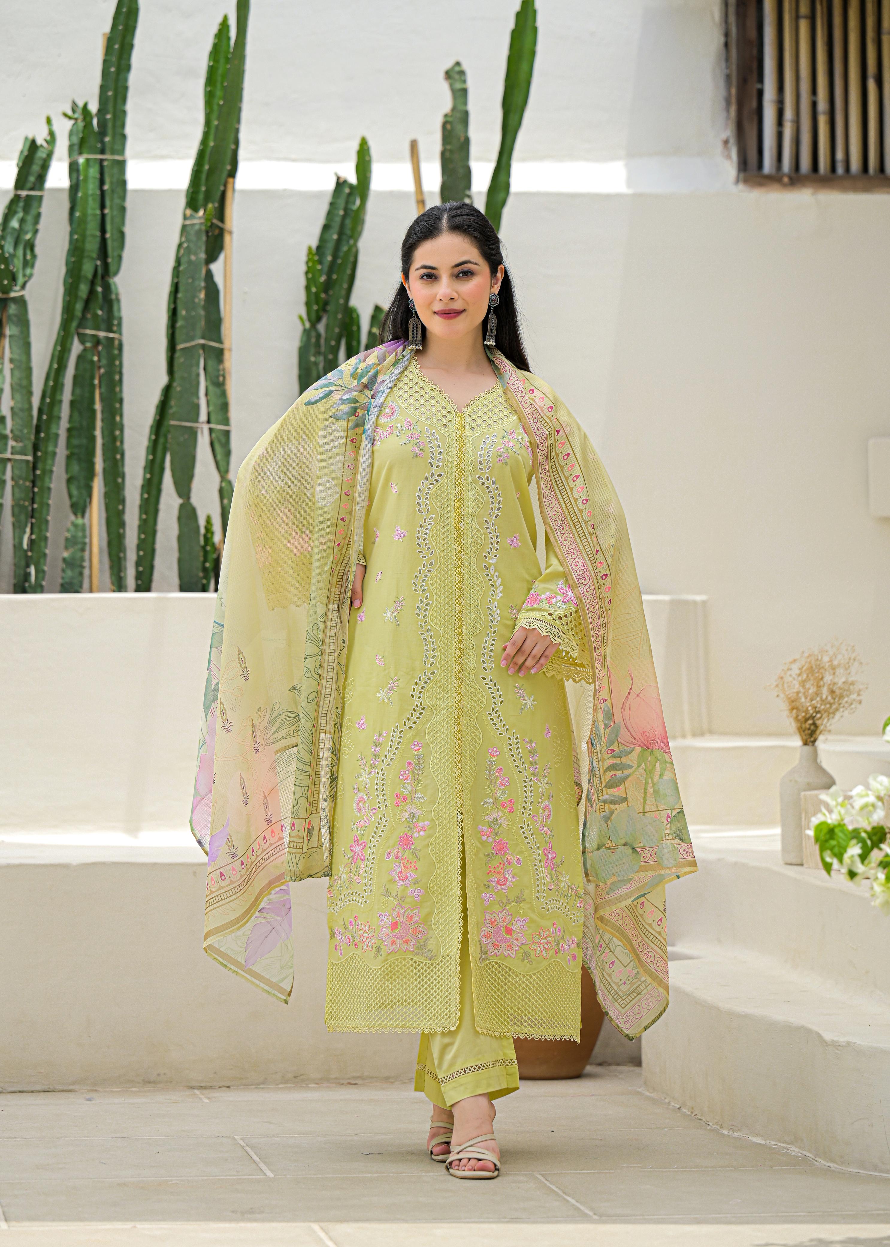 Soft Cotton Kurta set  with Floral Embroider