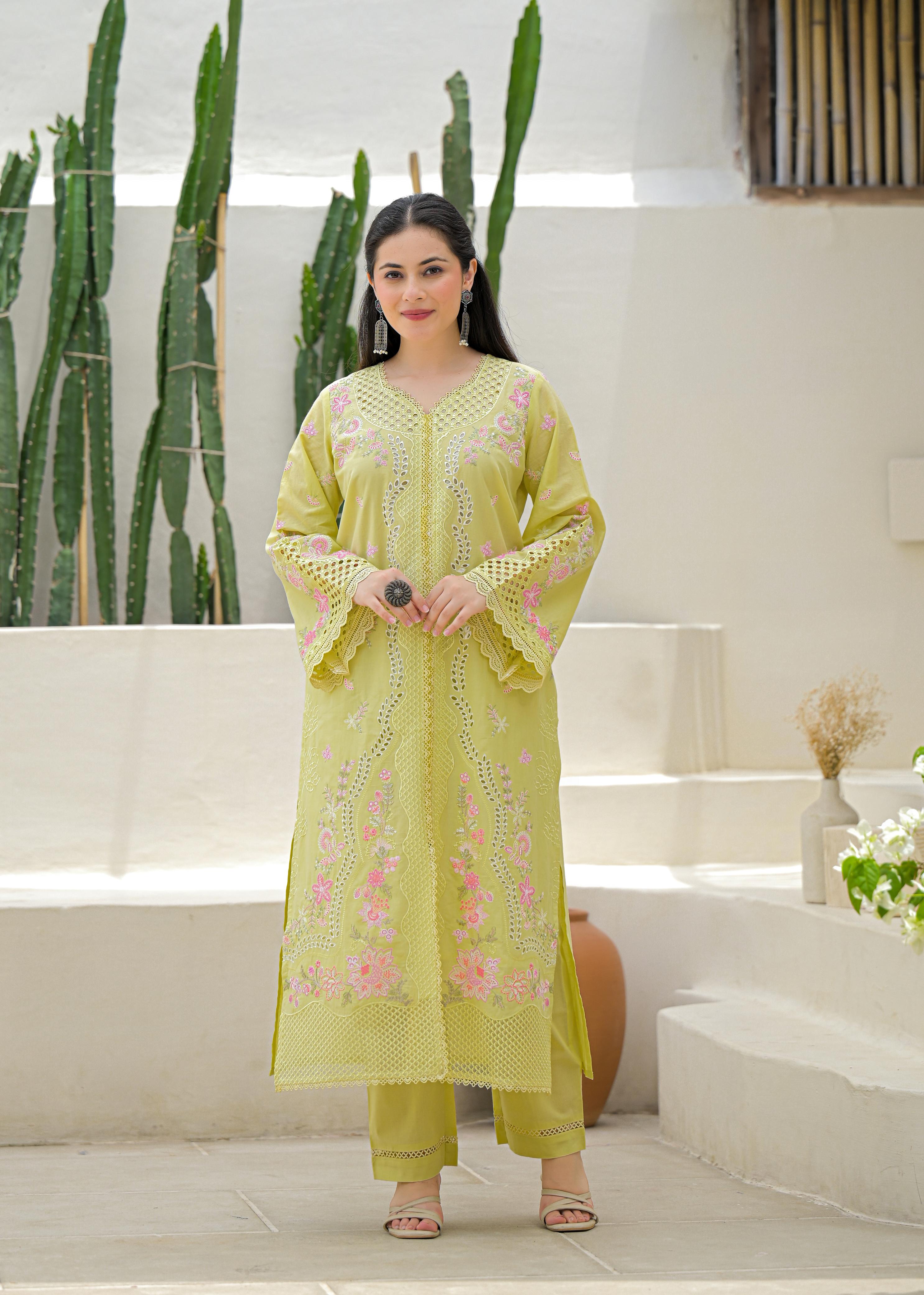 Soft Cotton Kurta set  with Floral Embroider