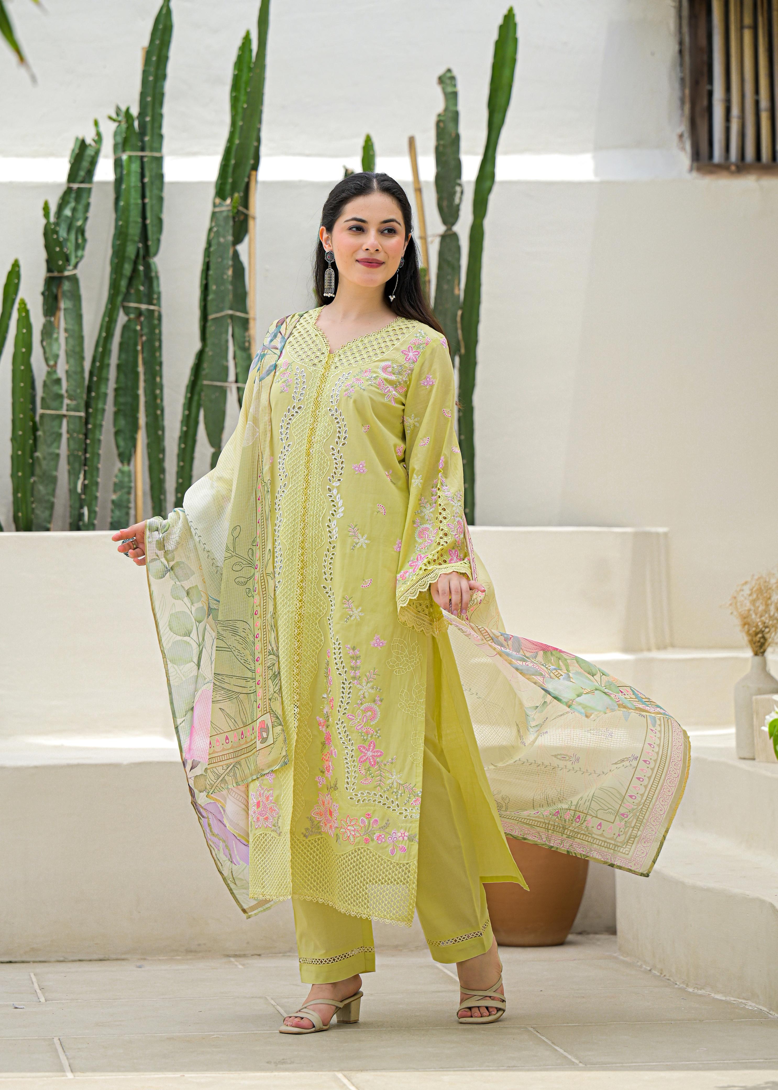 Soft Cotton Kurta set  with Floral Embroider
