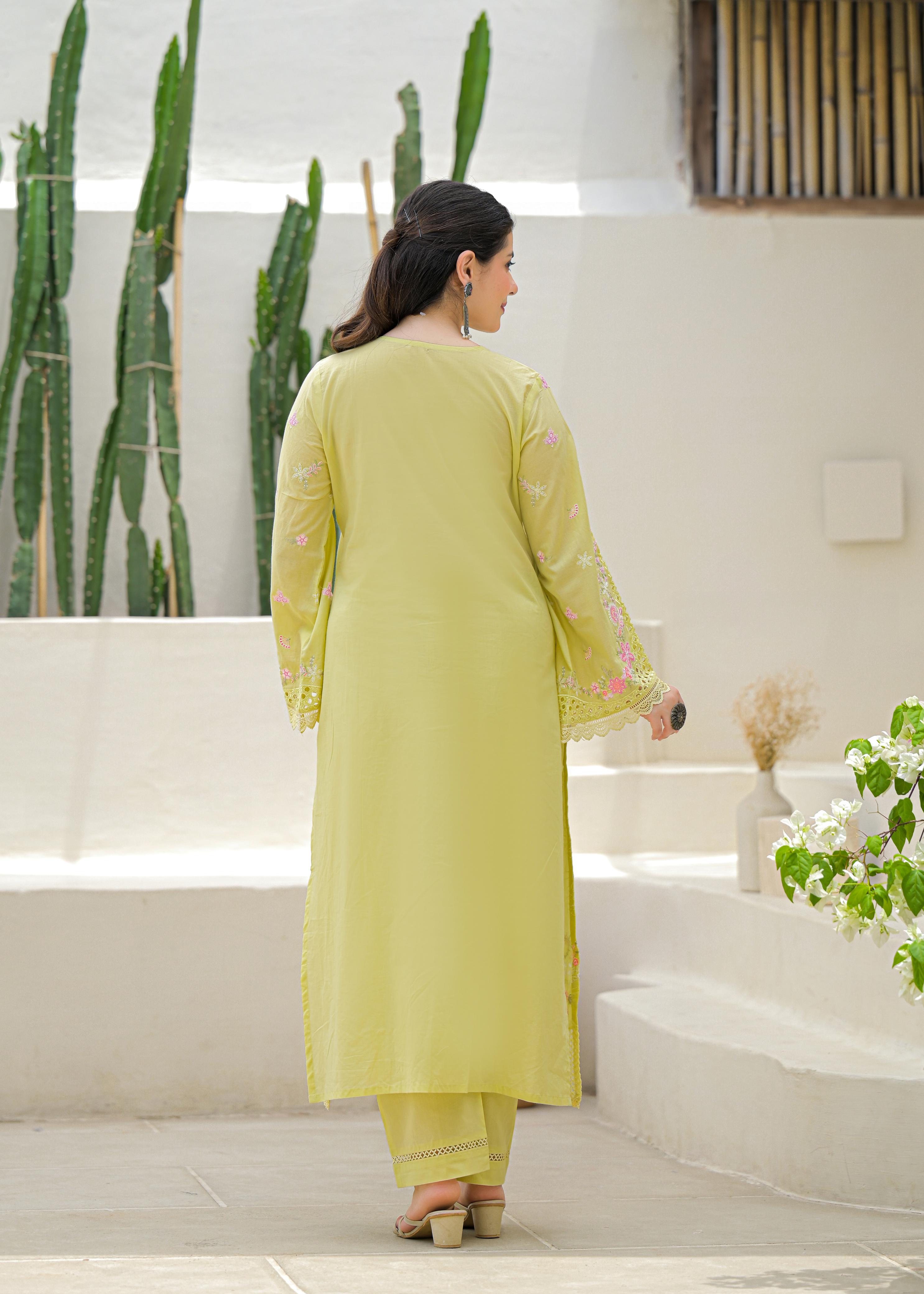 Soft Cotton Kurta set  with Floral Embroider