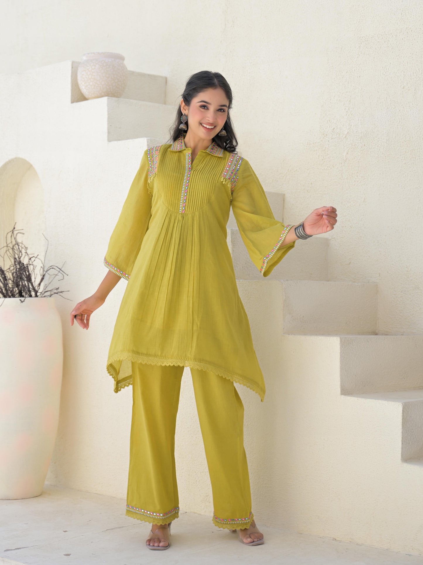 Embroidered Asymmetrical Kurta with Trousers