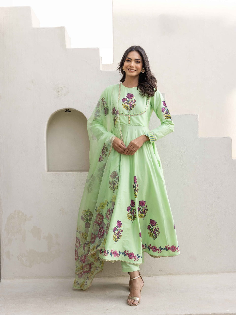 Blooming Grace Anarkali Set  Mint Green & Ivory White