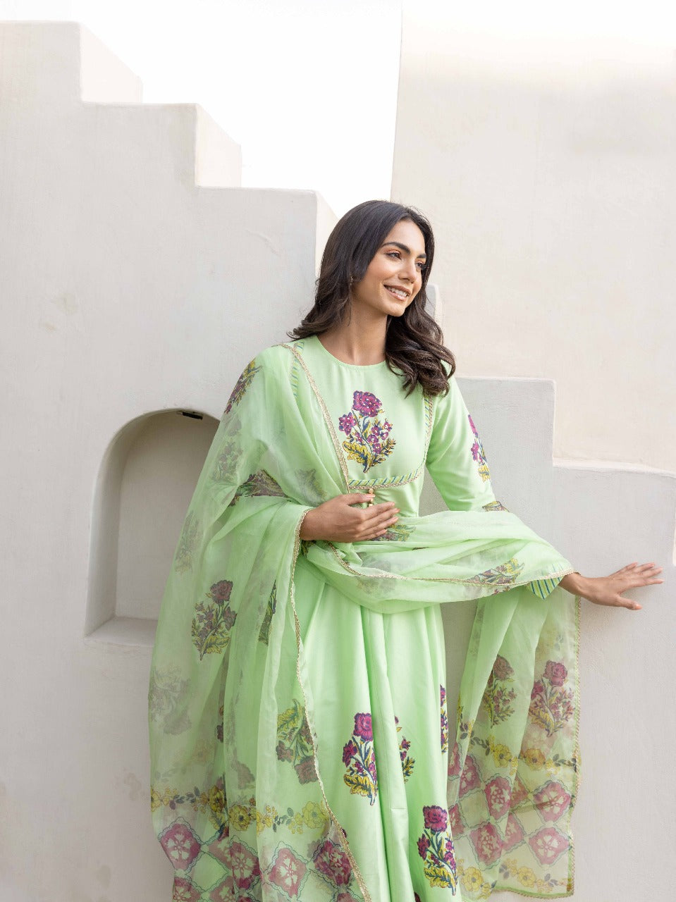 Blooming Grace Anarkali Set  Mint Green & Ivory White