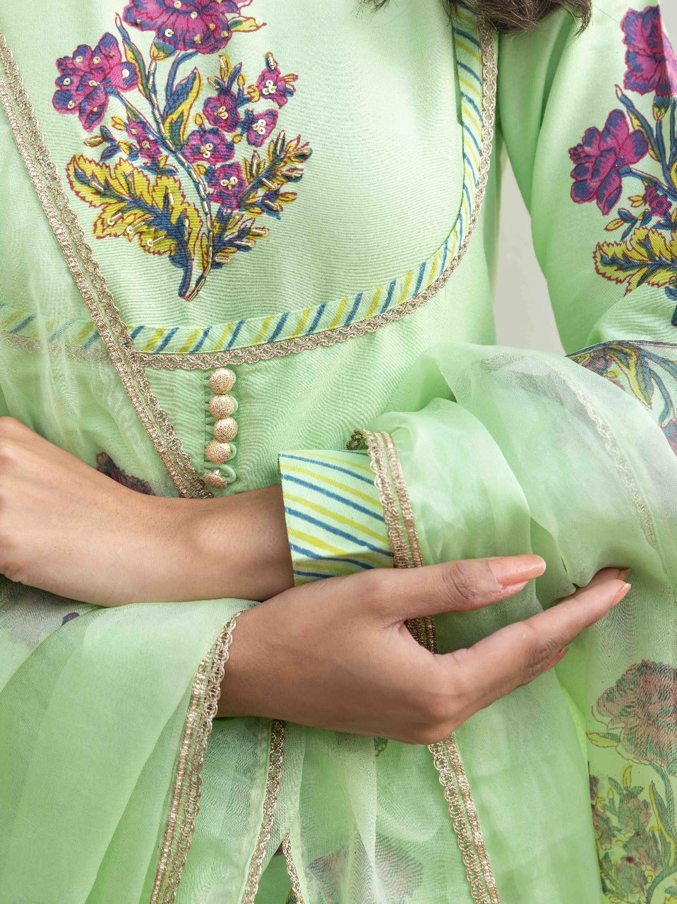 Blooming Grace Anarkali Set  Mint Green & Ivory White