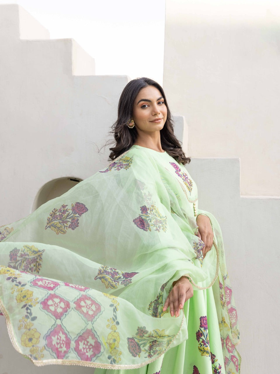Blooming Grace Anarkali Set  Mint Green & Ivory White