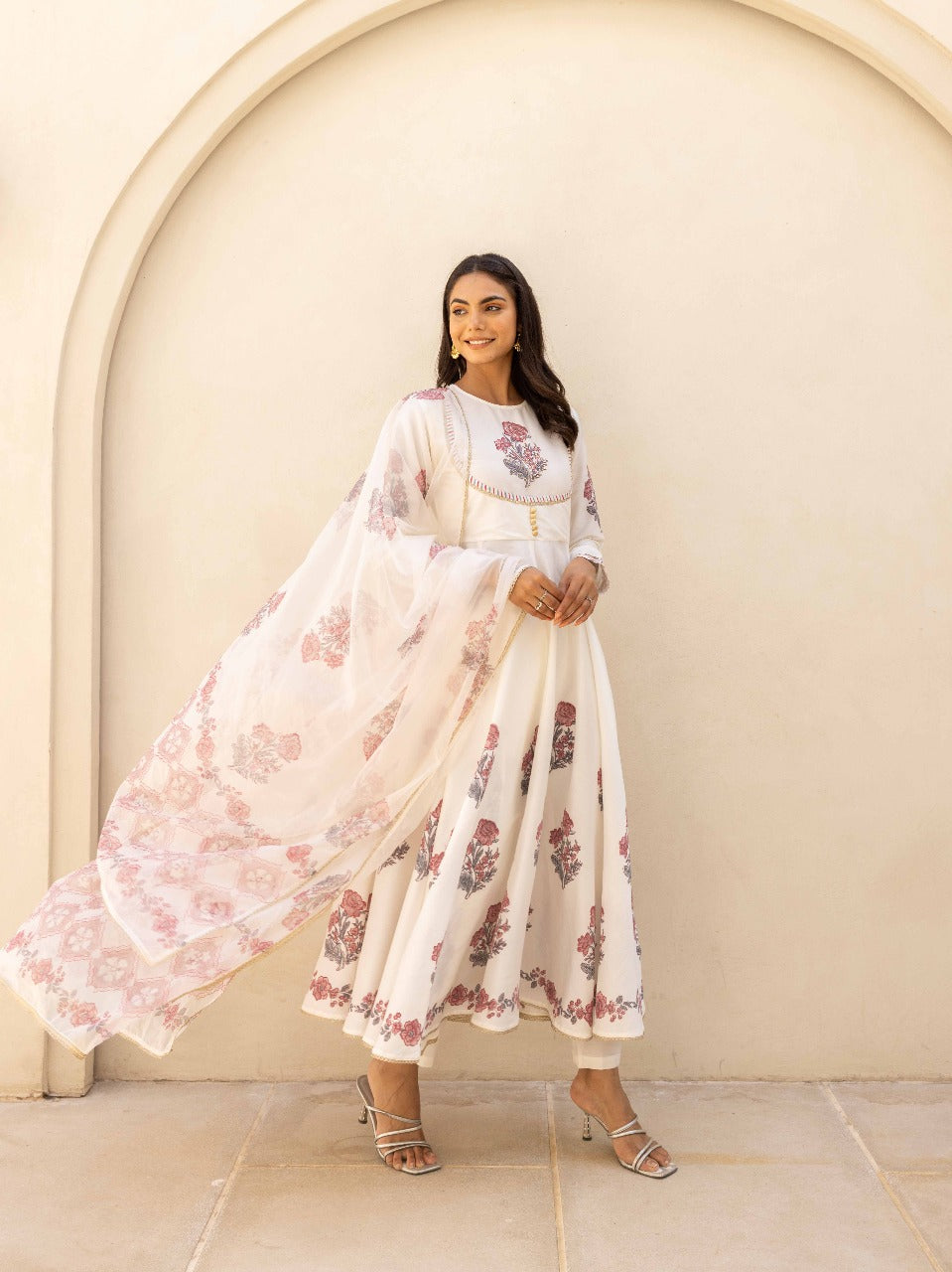 Blooming Grace Anarkali Set  Mint Green & Ivory White