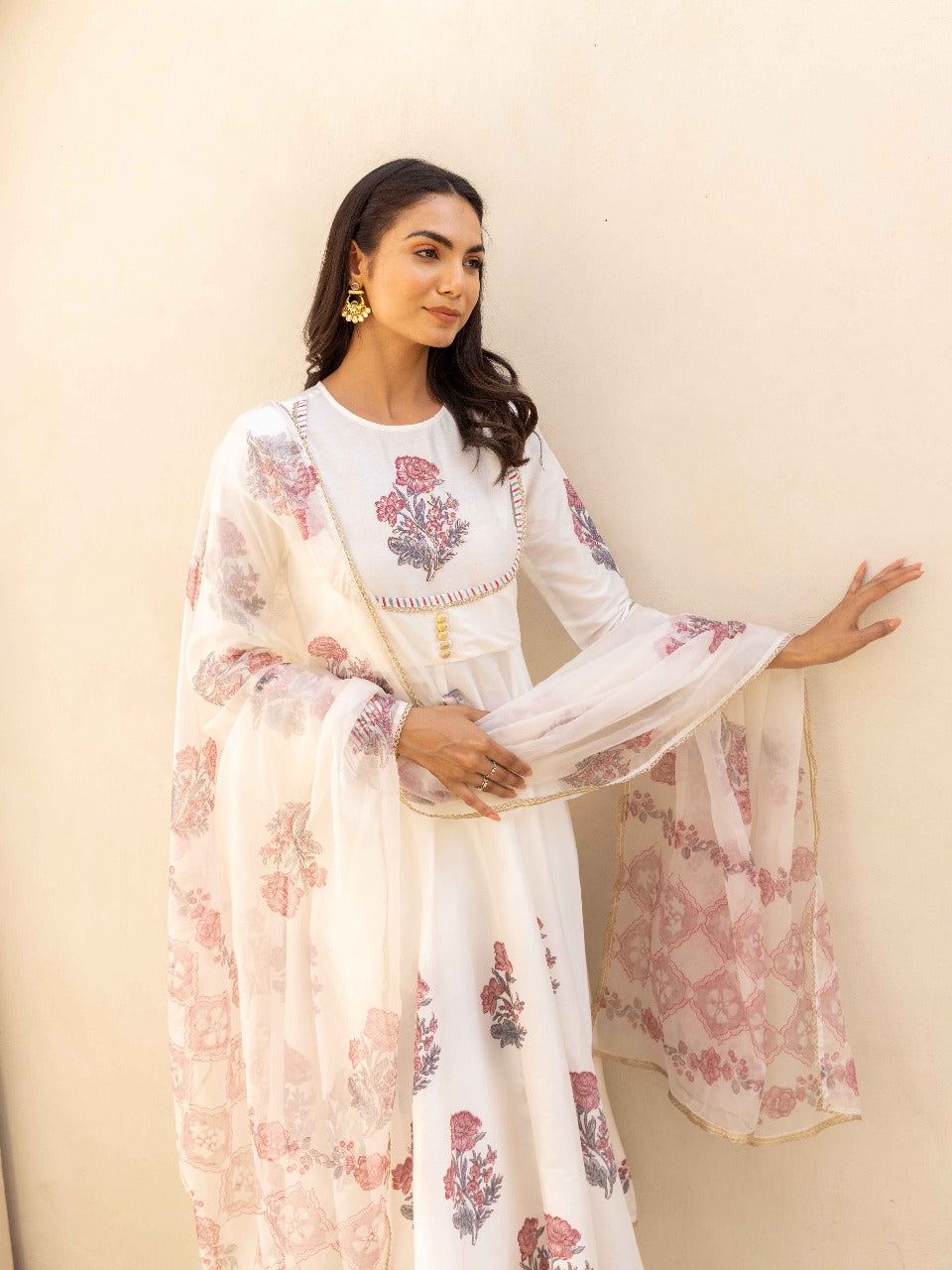 Blooming Grace Anarkali Set  Mint Green & Ivory White
