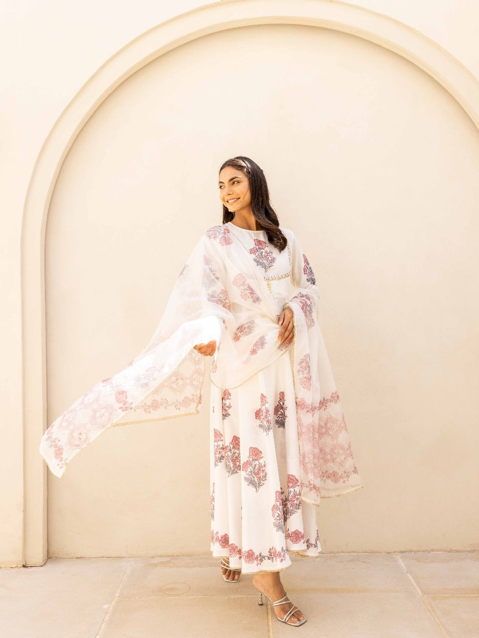 Blooming Grace Anarkali Set  Mint Green & Ivory White