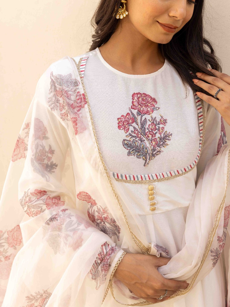 Blooming Grace Anarkali Set  Mint Green & Ivory White