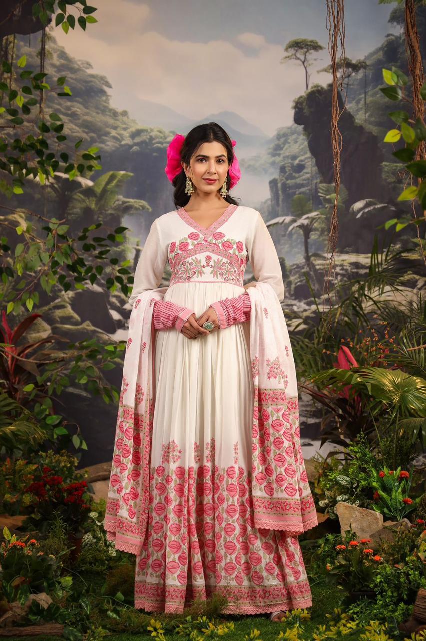 White Pink mul cotton anarkali gown