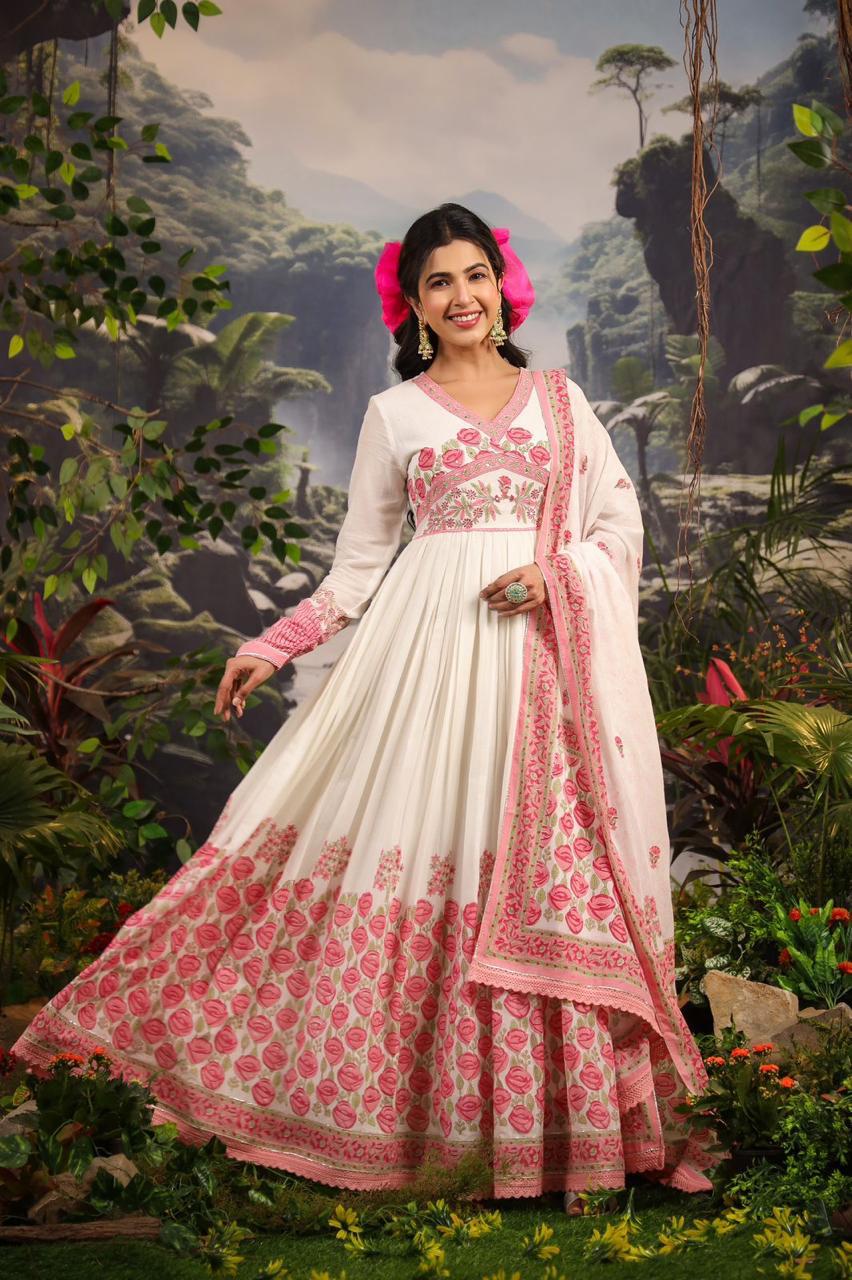 White Pink mul cotton anarkali gown