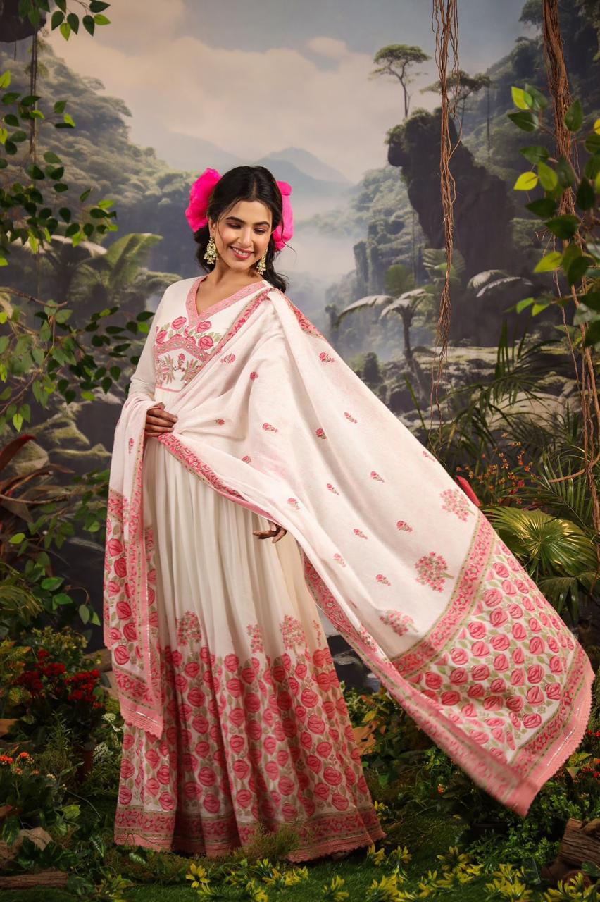 White Pink mul cotton anarkali gown