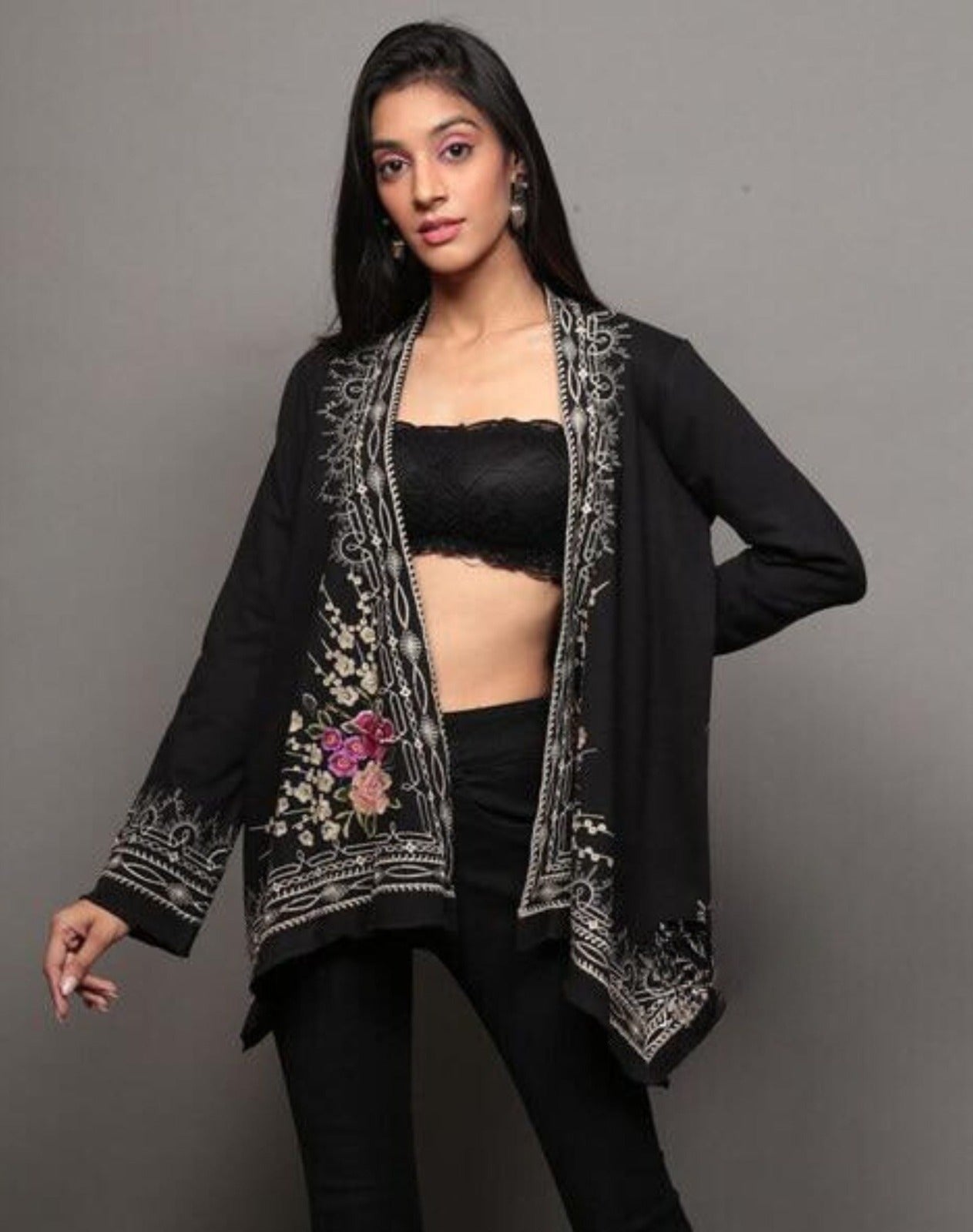 Women Cotton Embroidered Open Kimono Shrug