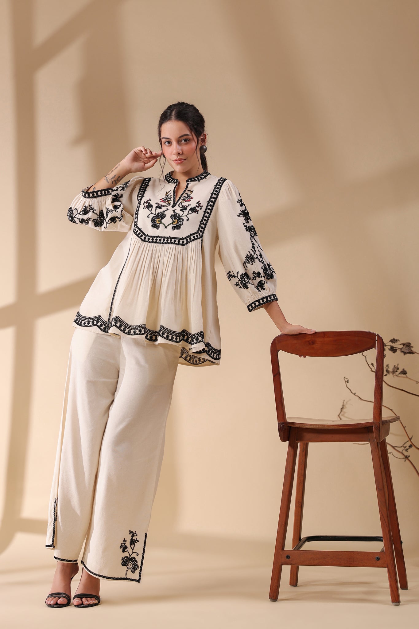 Women Cotton Linen Flex Embroidery CO-Ord Set