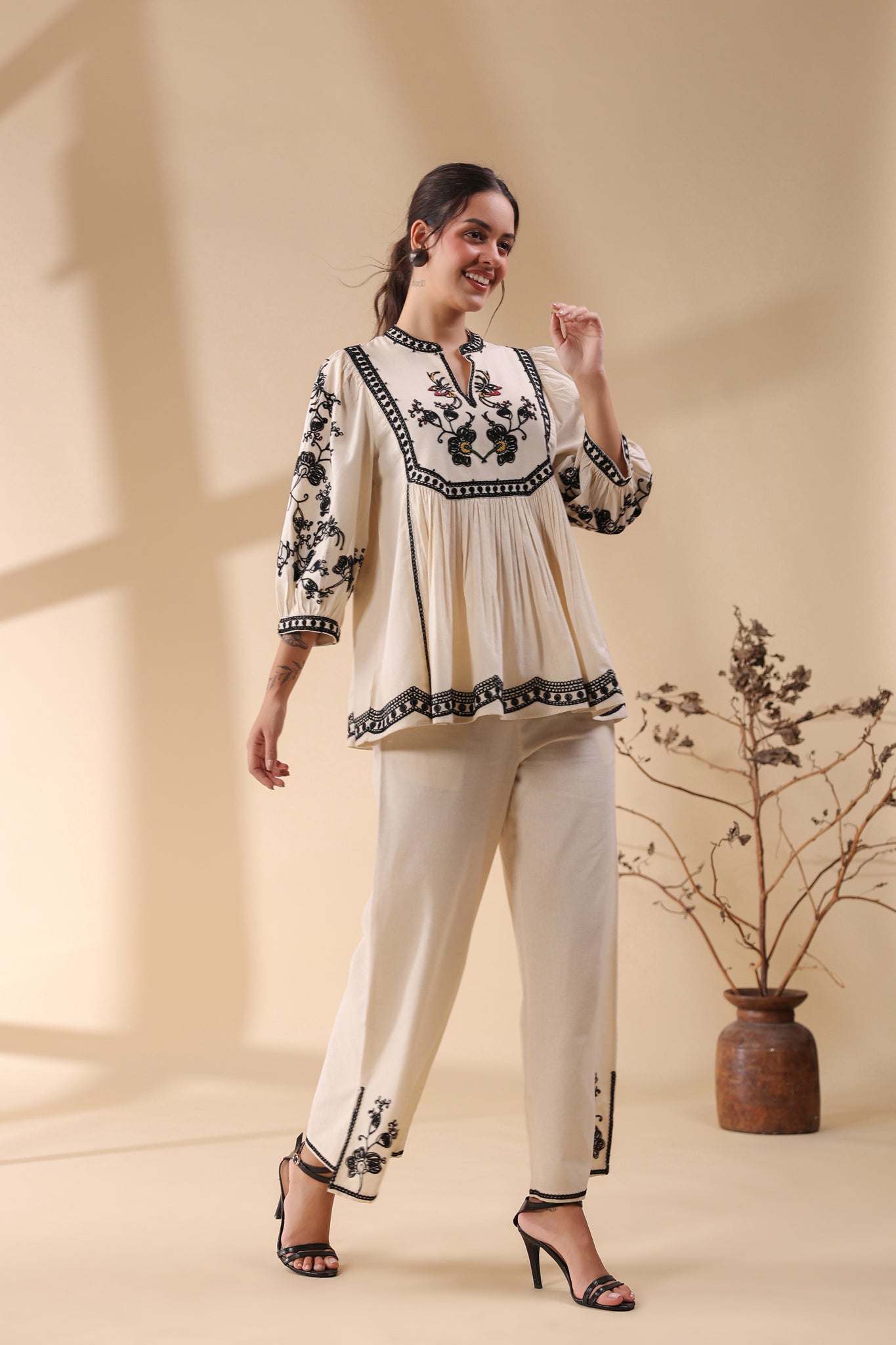 Women Cotton Linen Flex Embroidery CO-Ord Set