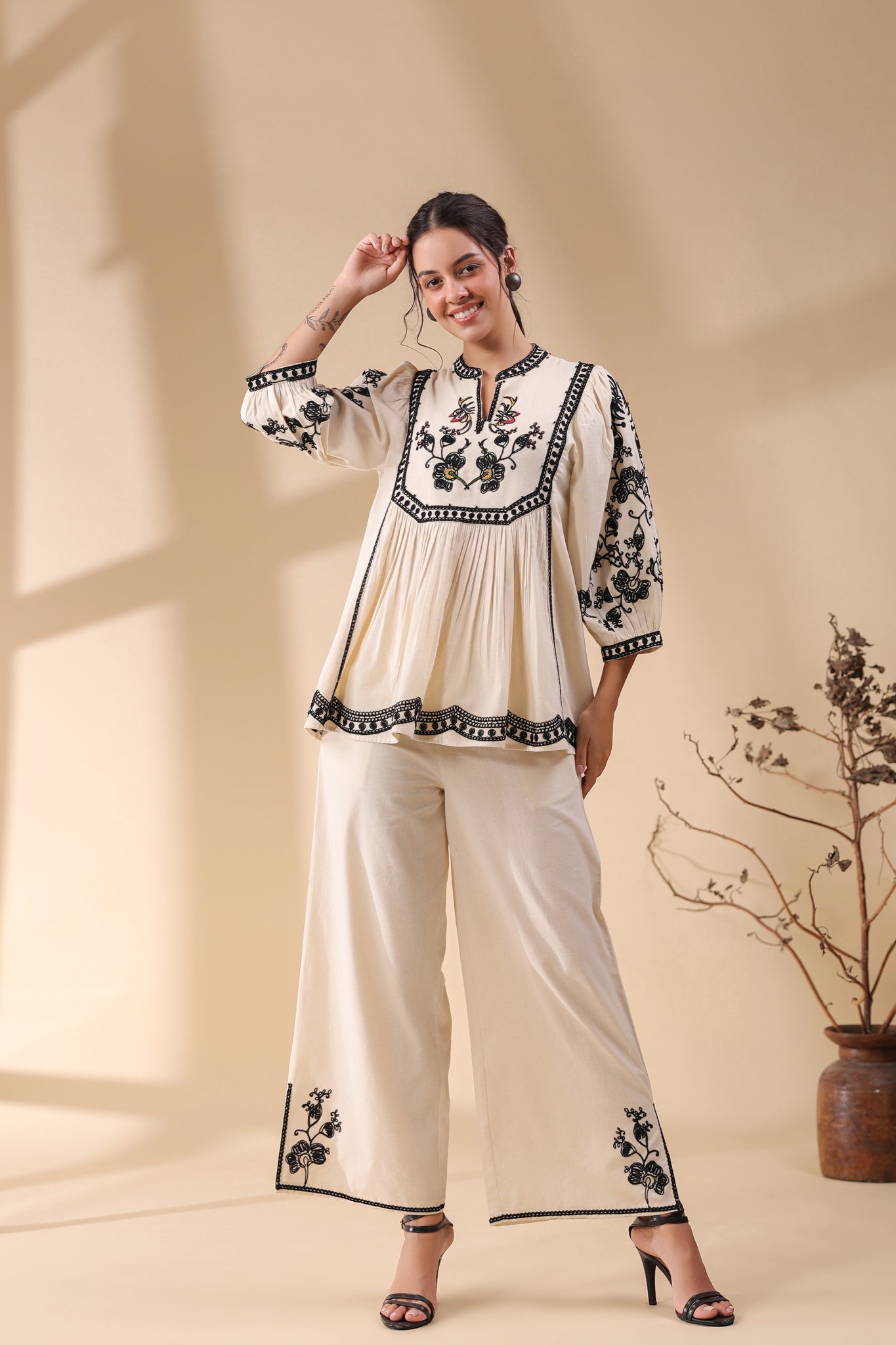 Women Cotton Linen Flex Embroidery CO-Ord Set